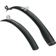 Zwarte SKS Beavertail XL 26/28" spatbordenset van PVC voor fiets, geschikt voor mountainbikes en hybride modellen.