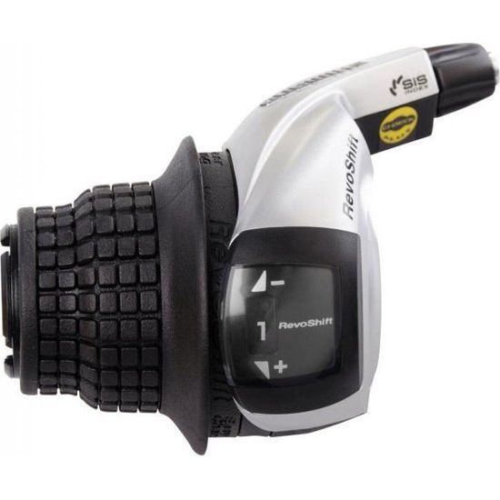 Shimano Tourney SL-RS45 3-speed shifters links in zwart en zilver, zichtbaar met bedieningsknoppen en kabelaansluiting.