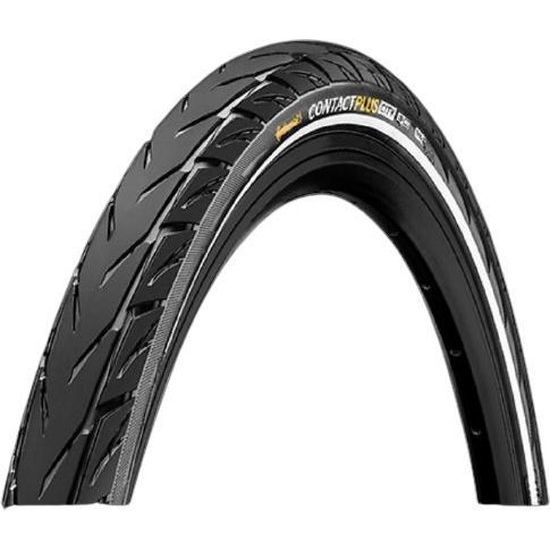 Zwarte 28-inch Continental Contact Plus City Safetyplus Breaker stadsfietsband op een fiets, geschikt voor stadsgebruik en veiligheid