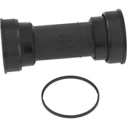 Shimano XT BB-MT800 Press-Fit trapas voor mountainbikes, zicht op de trapas en het frame, zwart kunststof en metalen onderdelen