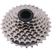 Shimano Acera CS-HG41 8-speed cassette met metalen tanden, geschikt voor mountainbikes en racefietsen, zwart en zilverkleurig.
