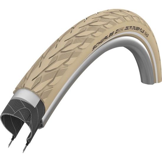 Schwalbe Delta Cruiser Plus 28-inch stadsfiets buitenband in crèmekleur met PunctureGuard anti-leklaag, zichtbaar op de afbeelding.