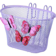 Basil Jasmin Butterfly kinderfietsmand van staal met bevestigingshaken en kleurrijk bloemenontwerp op een fiets.