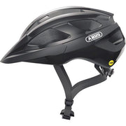 Abus Macator Mips racefietshelm in zwart met ventilatiegaten en verstelbare riem voor sportieve fietsers.
