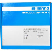 Shimano MT402-3 / MT410 hydraulische schijfremset voor MTB, zwart, zichtbaar met remklauwen en remschijven.