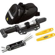 Topeak Deluxe fietsonderdeel set met minipomp, compacte Topeak fietspomp en accessoires voor fietsreparaties.