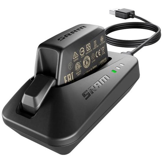 Sram Axs acculader voor elektronische fietsaccu's, zwart plastic met USB-aansluiting en indicatorlampjes