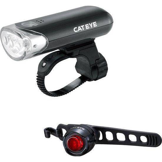 Cateye EL135N en ORB LD160 lampenset voor batterijverlichting, zwart, inclusief lampen en bevestigingsmateriaal op een witte achtergrond.