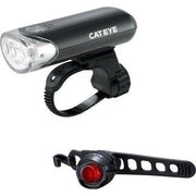 Cateye EL135N en ORB LD160 lampenset voor batterijverlichting, zwart, inclusief lampen en bevestigingsmateriaal op een witte achtergrond.