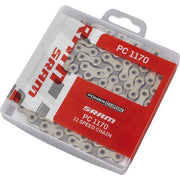 Zilveren Sram 11-speed ketting 11/128 met 114 schakels en hollowpin voor fietsen.