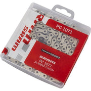 Zilveren Sram PC1071 ketting voor 10-speed fietsen met 114 schakels en HollowPin-verbinding, geschikt voor hoge prestaties.