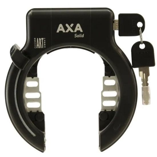 Zwarte Axa Solid ART 2 ringslot met stevig ontwerp en slotmechanisme voor fietsbeveiliging, zichtbaar in de afbeelding.