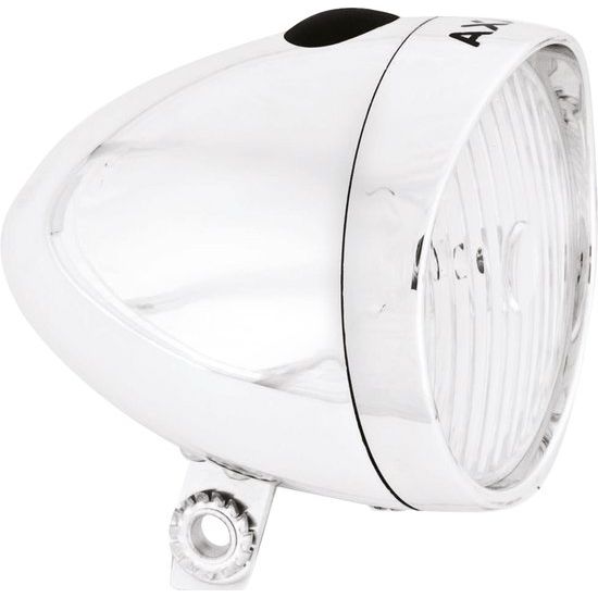 Axa Classic koplamp in zilver met batterijen, compacte koplamp voor fietsverlichting, op kaart, zichtbaar op afbeelding.