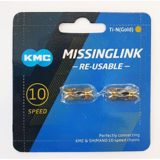 KMC 10R Missinglink 10-speed kettingschakels in goud, set van 2, voor snelle en gemakkelijke kettingverbindingen.