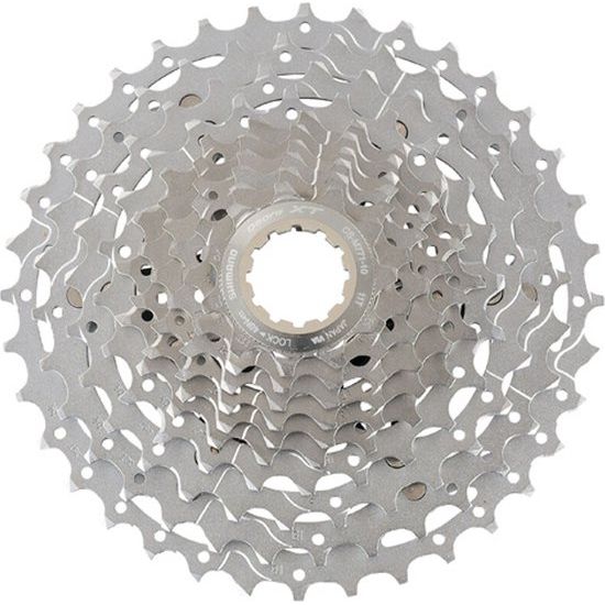 Shimano Deore XT 10-speed cassette CS-M771 met metalen tandwielen en zwarte behuizing, geschikt voor mountainbikes.