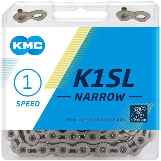 Nikkel-geplateerde KMC K1SL ketting voor single speed fiets, 1/2" x 3/32", 100 schakels, zichtbaar op de afbeelding