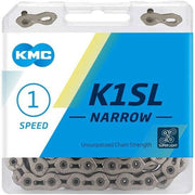 Nikkel-geplateerde KMC K1SL ketting voor single speed fiets, 1/2" x 3/32", 100 schakels, zichtbaar op de afbeelding