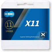Zwarte KMC X11 11-speed ketting met 118 schakels, geschikt voor racefietsen en mountainbikes, zichtbaar op afbeelding
