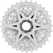 Shimano CS-HG400 9-speed cassette voor fiets, zichtbaar met metalen tanden en bevestigingsring op een fietsonderdeel
