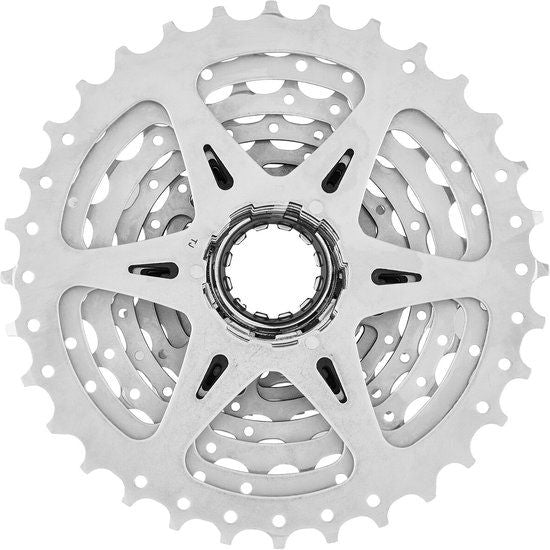 Shimano Cs-Hg400-9 9-speed cassette met metalen tanden en zwarte kleur, geschikt voor racefietsen en mountainbikes.