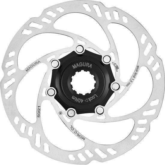 Magura remschijf MDR-C Cl QR, 180 mm diameter, zilverkleurige fietsonderdelen voor remsysteem, close-up op de remschijf