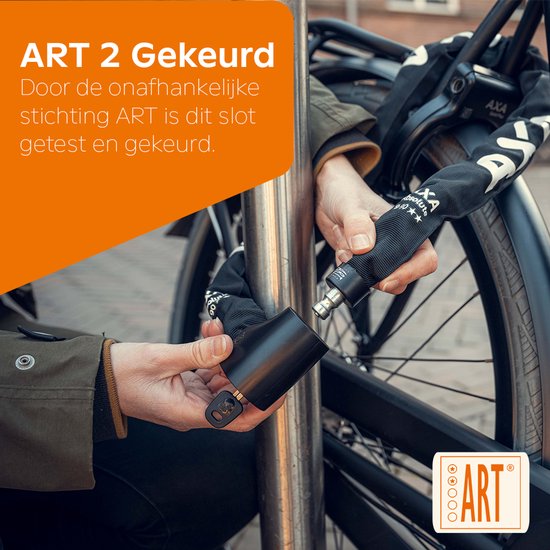 Zwart Axa Absolute 9 kettingslot ART 2 met stevige ketting en slotmechanisme, ideaal voor fietsbeveiliging.