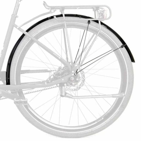 Zwarte SKS Bluemels Stripe spatbordenset voor 28-inch fietsen, beschermt tegen modder en water, duurzame kunststof constructie