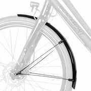 Zwarte SKS Bluemels Stripes spatbordenset voor 28-inch fietsen, beschermt tegen modder en water tijdens het rijden.