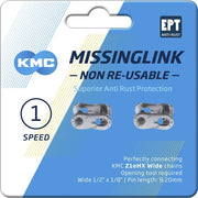 Twee KMC Missinglink Z1EHX 1/8 EPT kettingschakels op kaart, geschikt voor fietskettingen en snel verwijderen