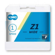 Bruine KMC Z1 Wide ketting voor single speed fietsen, 112 schakels, 1/2" x 1/8" breedte, zichtbaar in de afbeelding