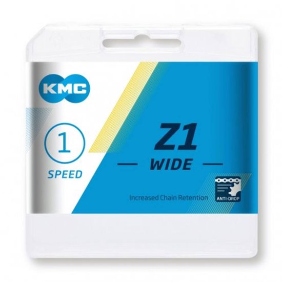 Bruine KMC Z1 Wide ketting voor single speed fietsen, 112 schakels, 1/2" x 1/8" breedte, zichtbaar in de afbeelding
