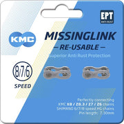 Set van twee KMC Missinglink 7/8R EPT kettingschakels met 7,3 mm pin voor gemakkelijke kettingsluiting.