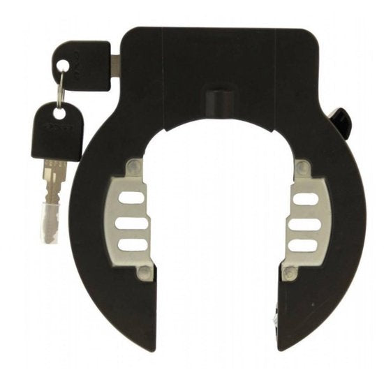 Zwart Axa Solid ART 2 ringslot beveiligingsslot voor extra fietsbeveiliging, zichtbaar in close-up.