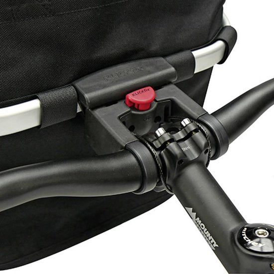 Fiets stuurtas van KLICKfix met verstelbare handvatten en bevestigingsmechanisme, zichtbaar op de afbeelding.