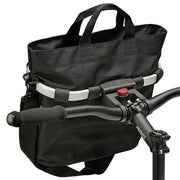 Zwarte KLICKfix fietstas voor stuur, ovalen design, 12 liter capaciteit, geschikt voor fietsaccessoires en bagage.