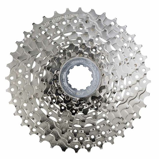 Shimano CS-HG400 9-speed cassette met metalen tanden en zwart ontwerp, geschikt voor racefietsen en mountainbikes.