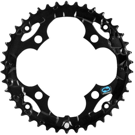 Shimano Acera FC-M361 kettingblad 10-speed, zwart, 4-arm ontwerp voor fiets, close-up van het kettingblad.
