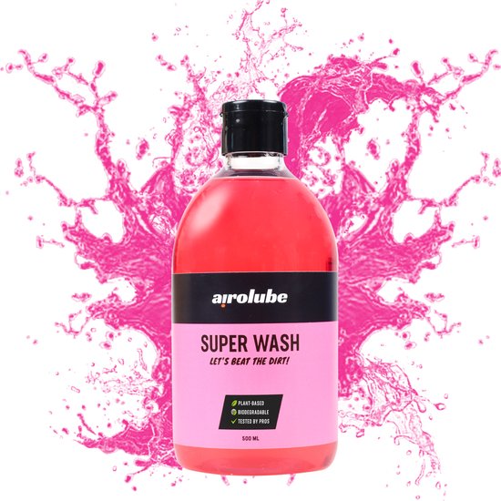 Airolube Super Wash plant-based fiets shampoo in een groene fles met spuitkop, biologisch afbreekbaar en geschikt voor schoonmaak.