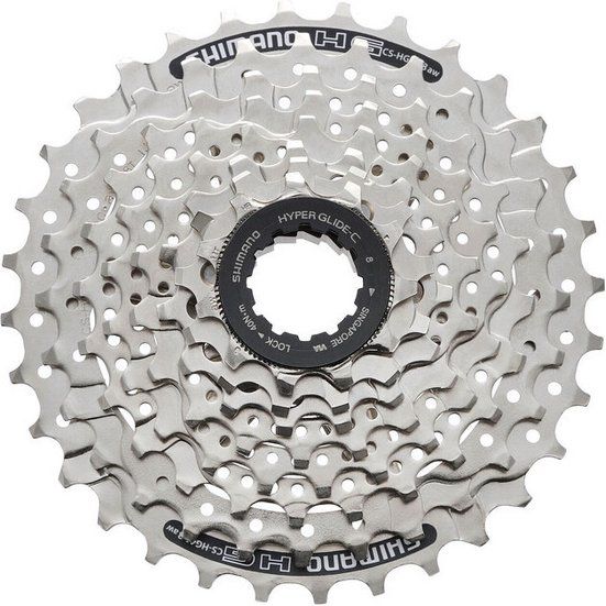 Shimano Acera CS-HG41 8-speed cassette met metalen tandwielen en zwart lichaam, geschikt voor mountainbikes en racefietsen.