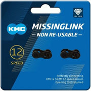 Zwarte KMC Missinglink DLC12 kettingverbinder met 2 stuks, geschikt voor kettingschakels en pennen.