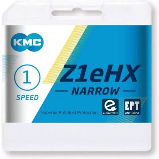 Zwarte KMC Ketting Z1EHX Narrow EPT 1/2" x 3/32" voor single speed fiets, 112 schakels, zichtbaar op afbeelding.