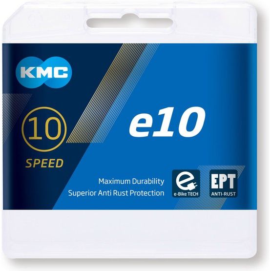 Zilveren KMC E10 10-speed ketting met 122 schakels, nikkel-gelekt, geschikt voor fiets met 10 versnellingen.