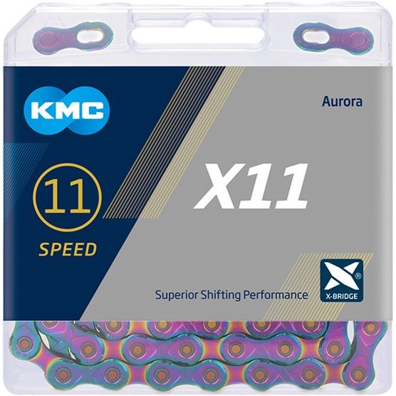 KMC 11-speed X11 ketting met 118 schakels in Aurora blauw, geschikt voor high-performance fietsgebruik.