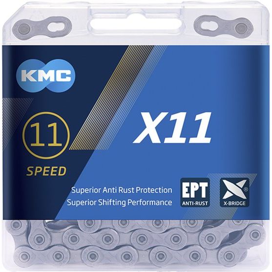 KMC X11 EPT 118 11-speed ketting in donker zilver met EPT-coating voor fiets, close-up van de ketting op een witte achtergrond