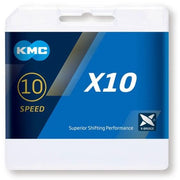 KMC X10 Grey 10-speed ketting met 114 schakels en Double X-Bridge voor fietsen, zichtbaar in de afbeelding.