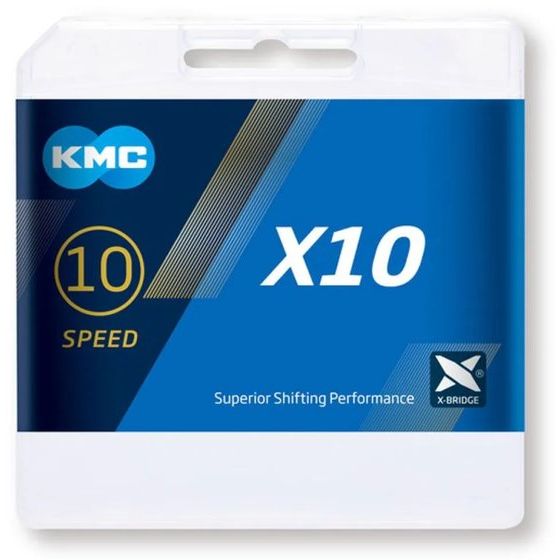 KMC X10 Grey 10-speed ketting met 114 schakels en Double X-Bridge voor fietsen, zichtbaar in de afbeelding.