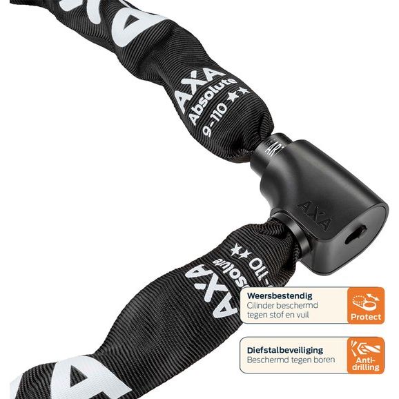 Zwart Axa Absolute 9 kettingslot ART 2 met stevige ketting en slotbehuizing, geschikt voor beveiliging van fietsen.
