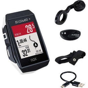 Zwarte Sigma Rox 11.1 EVO GPS fietsnavigatie met hartslagmeter en volledige bediening, zichtbaar op het scherm en knoppen.
