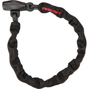 Zwart Trelock kettingslot BC680 van 110cm lang en 9,5mm dik, geschikt voor fietsbeveiliging, ligt open met sleutel.