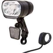 Spanninga Axendo 80 Xefc e-bike koplamp met 6-36V verlichting en stevige behuizing, zichtbaar in de afbeelding.